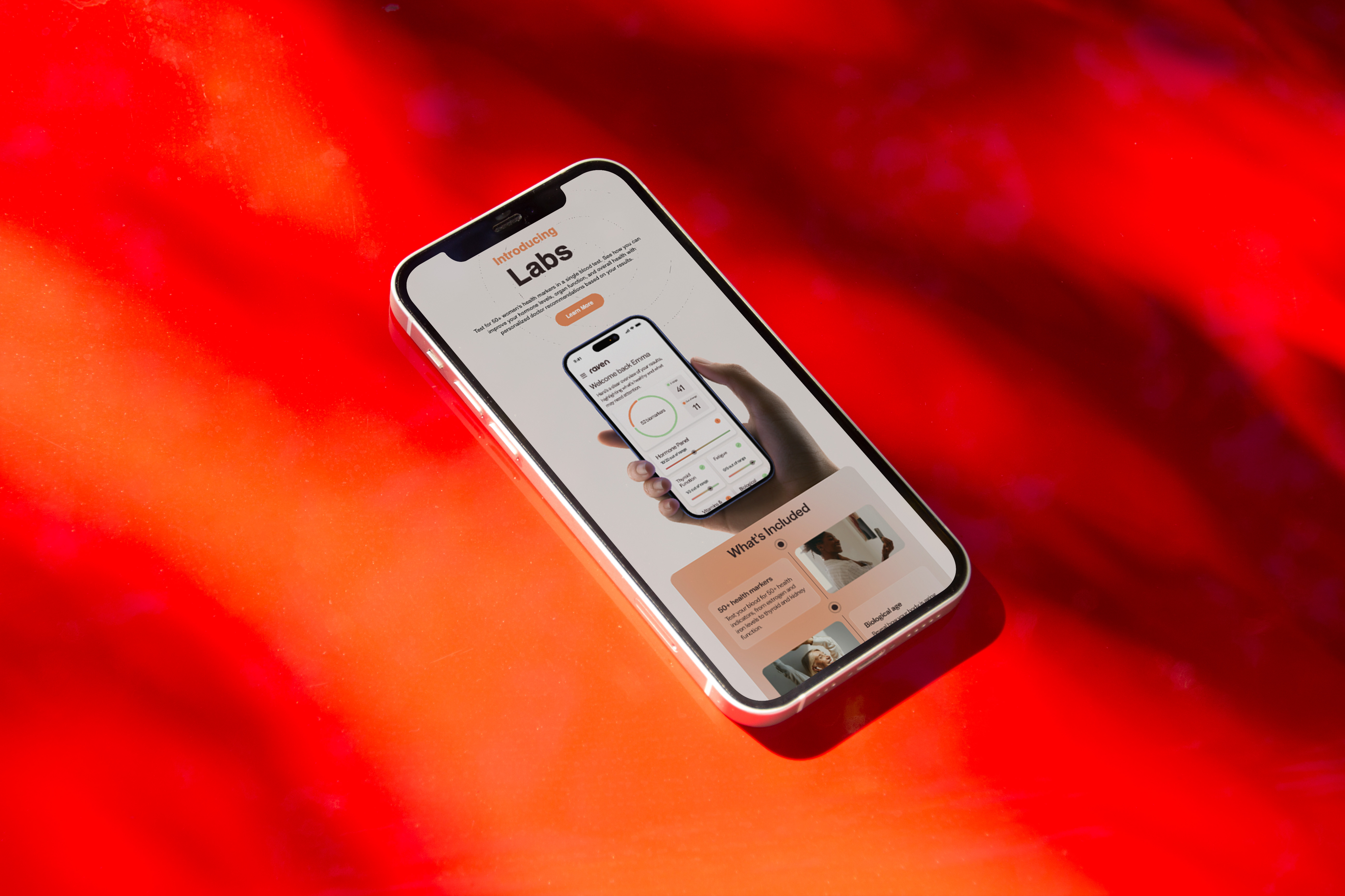 Mobile health platform displayed on a phone against a red background