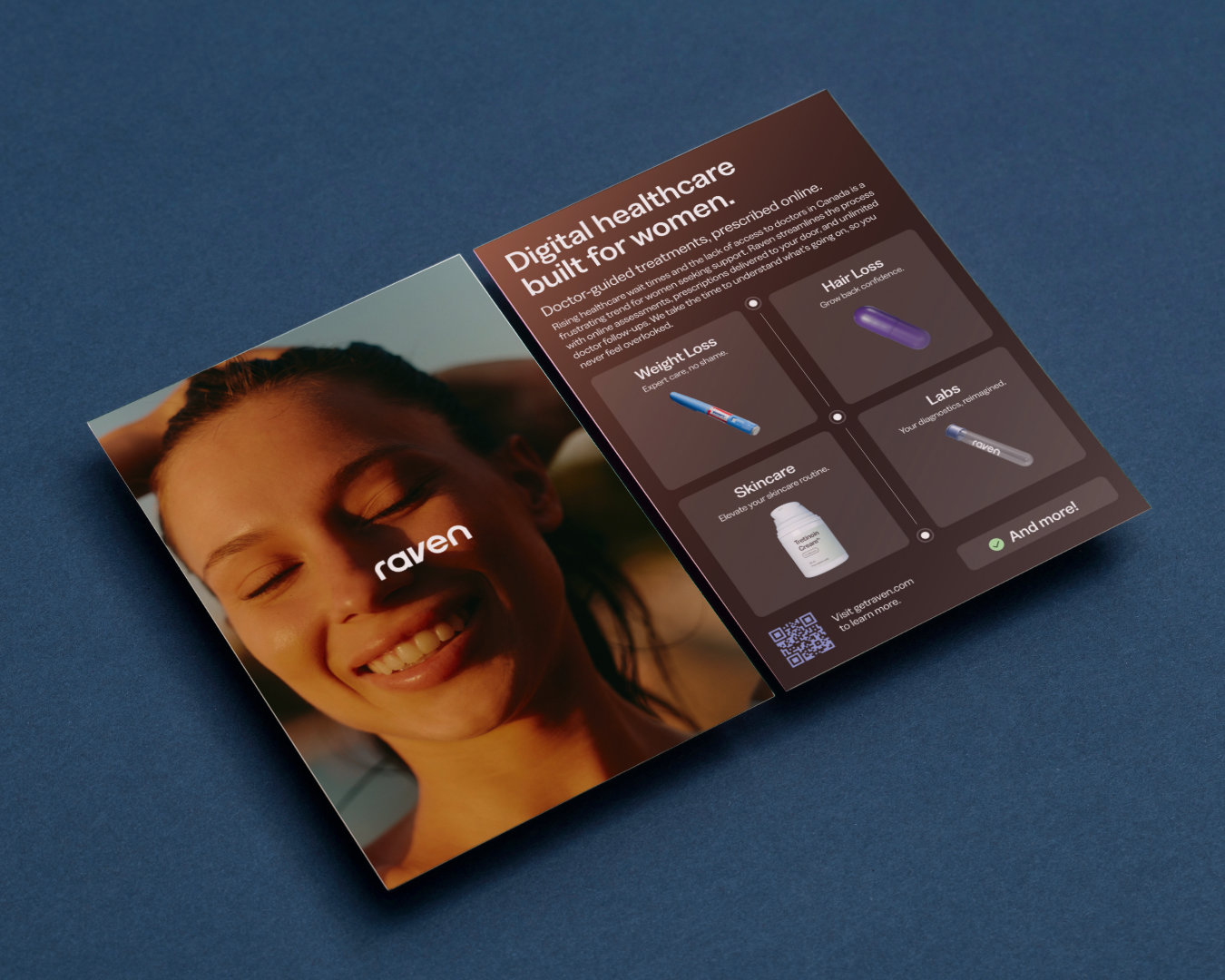 Healthcare brand postcard mockup on a navy background